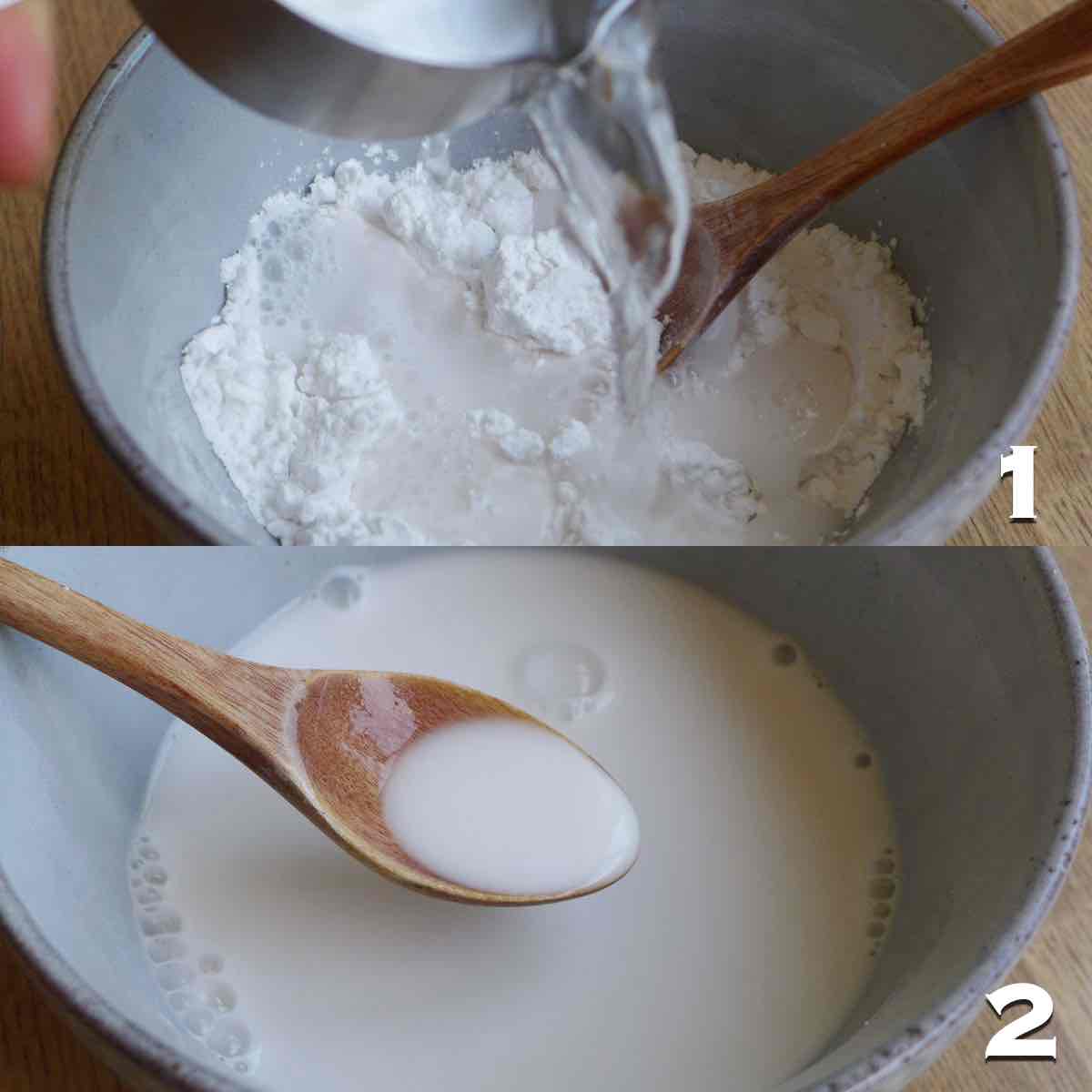 Pour water to mung bean starch then mix to combine.
