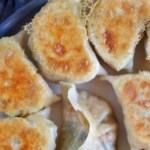 pan-fried kimchi dumplings showing their crispy crust.