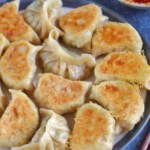 pan-fried kimchi dumplings showing their crispy crust.
