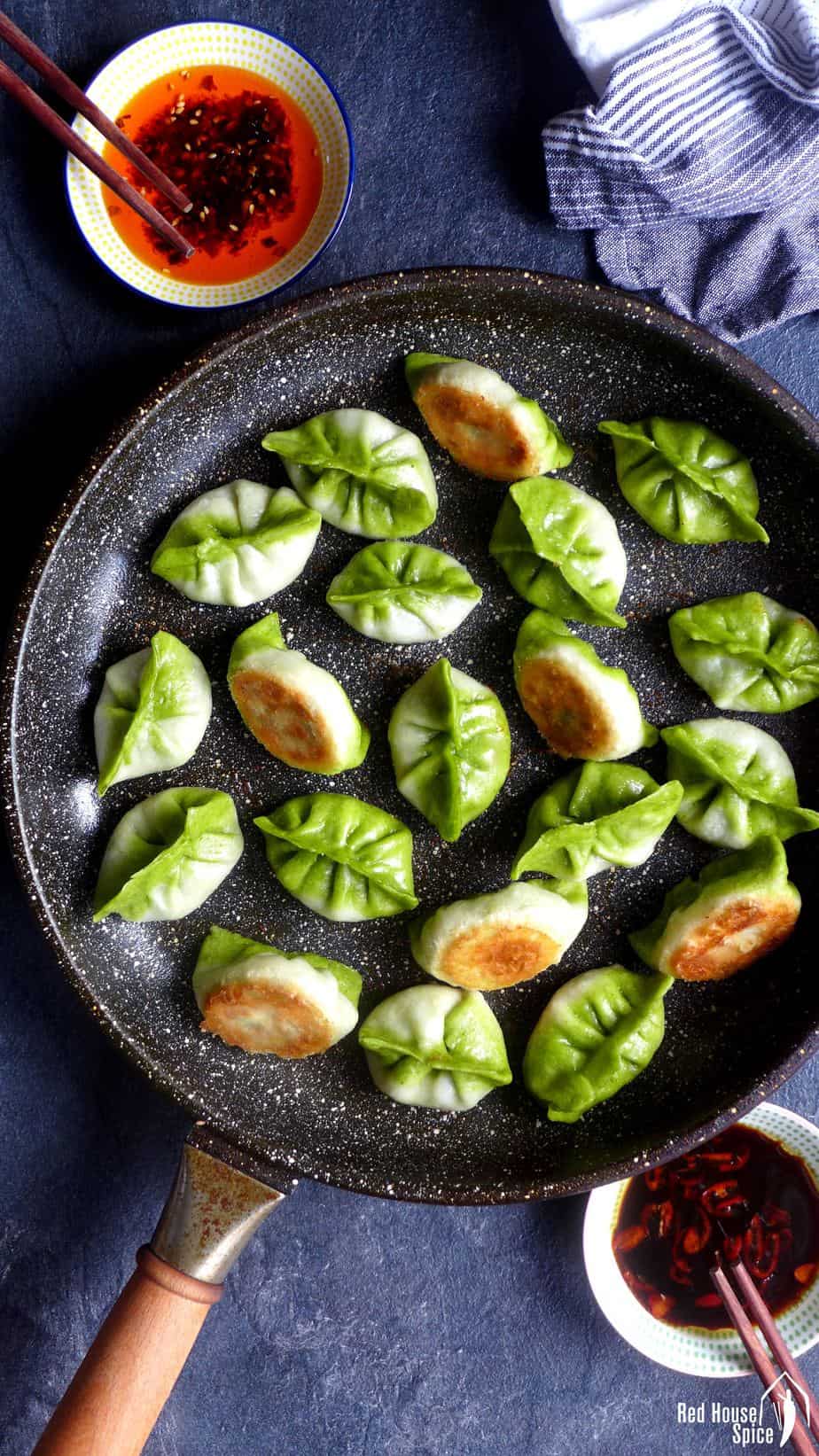 pan-fried vegetarian dumplings in two colours