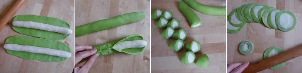 Instructions on how to make two colour dumpling wrappers.
