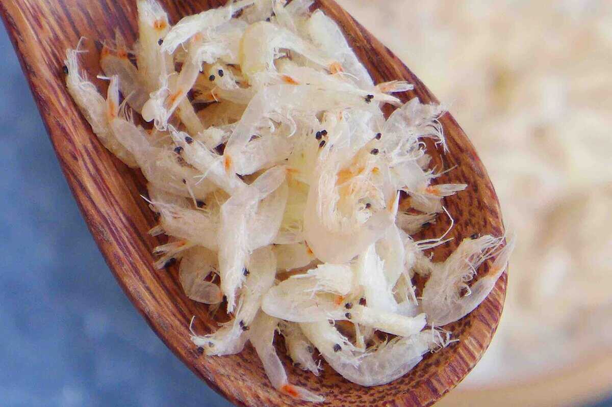 papery dried shrimp in a spoon.