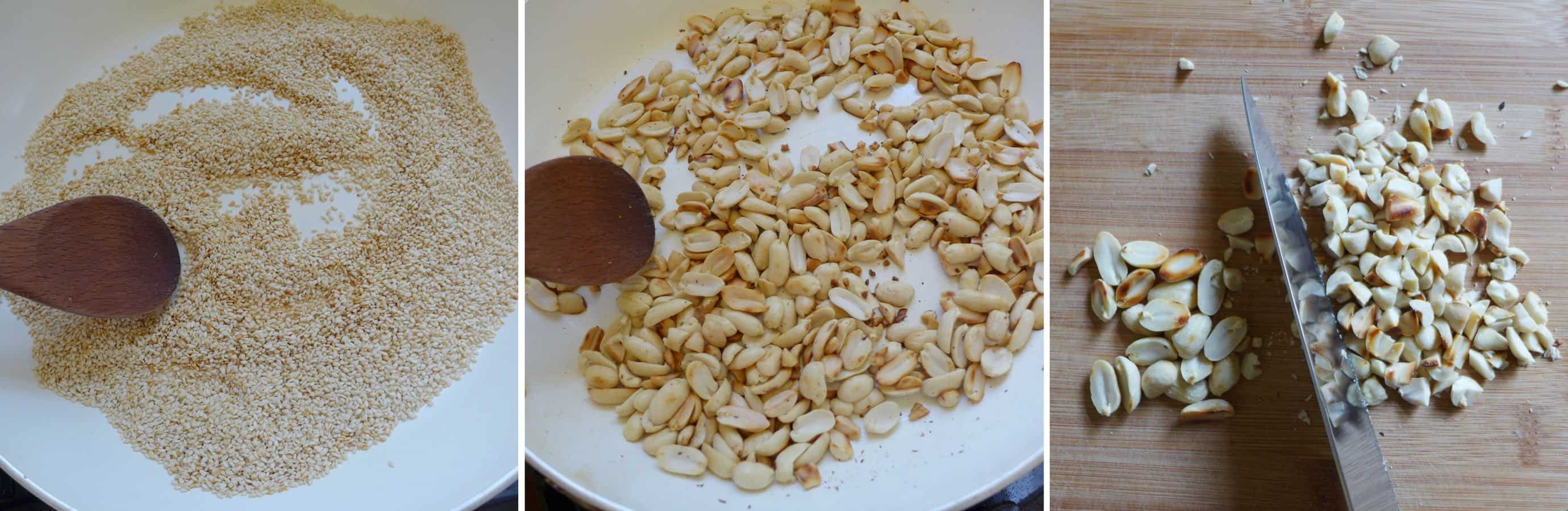 Toast sesame seeds and peanuts in a pan