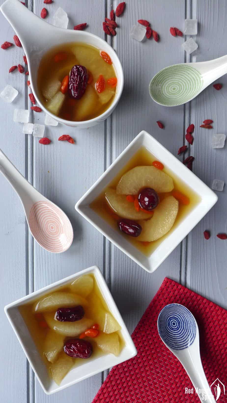 Boiled pear slices in a sugary syrup.