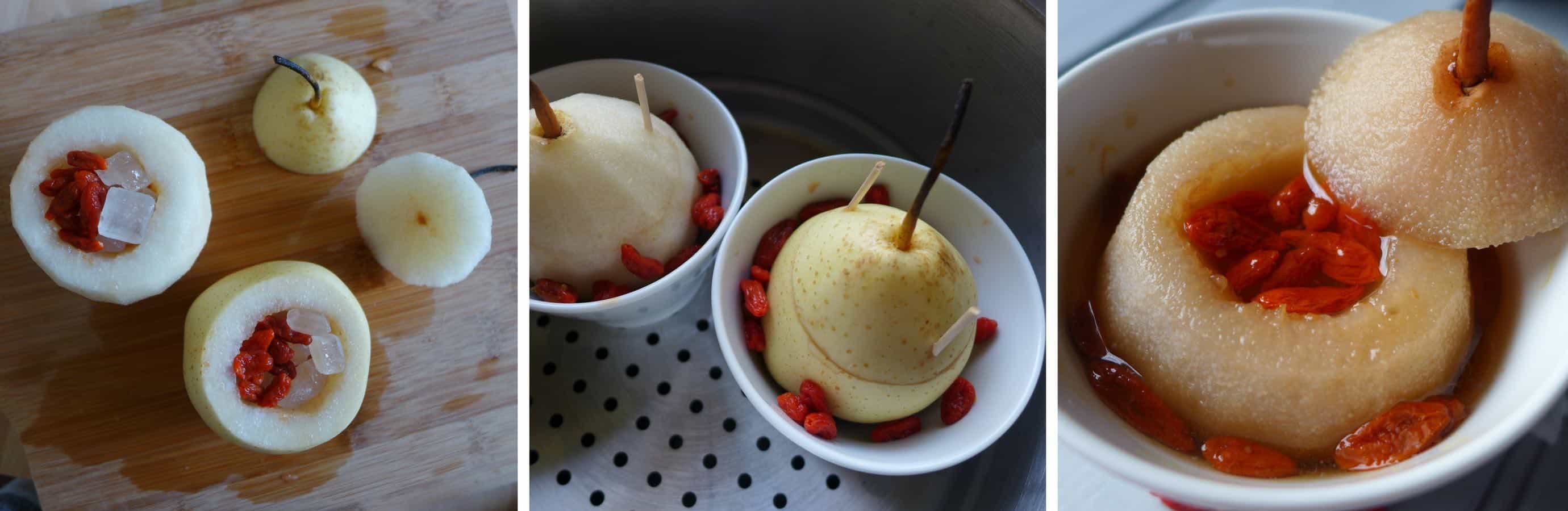 Process photos of making steamed pears