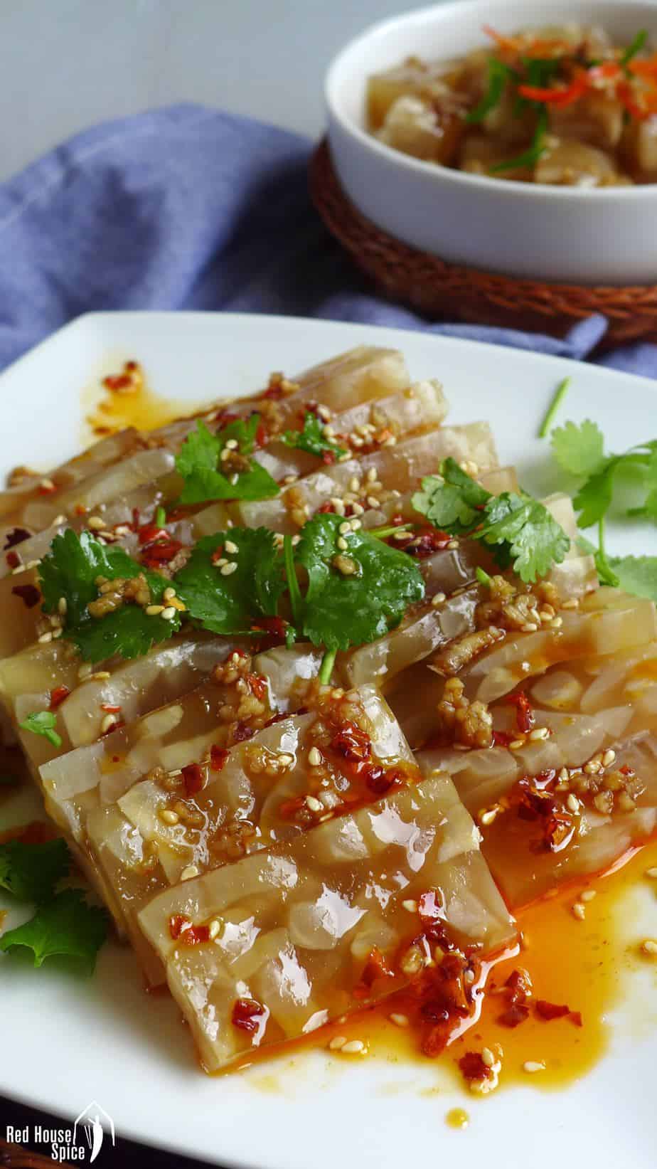 A plate of Chinese pork rind jelly with a spicy dressing