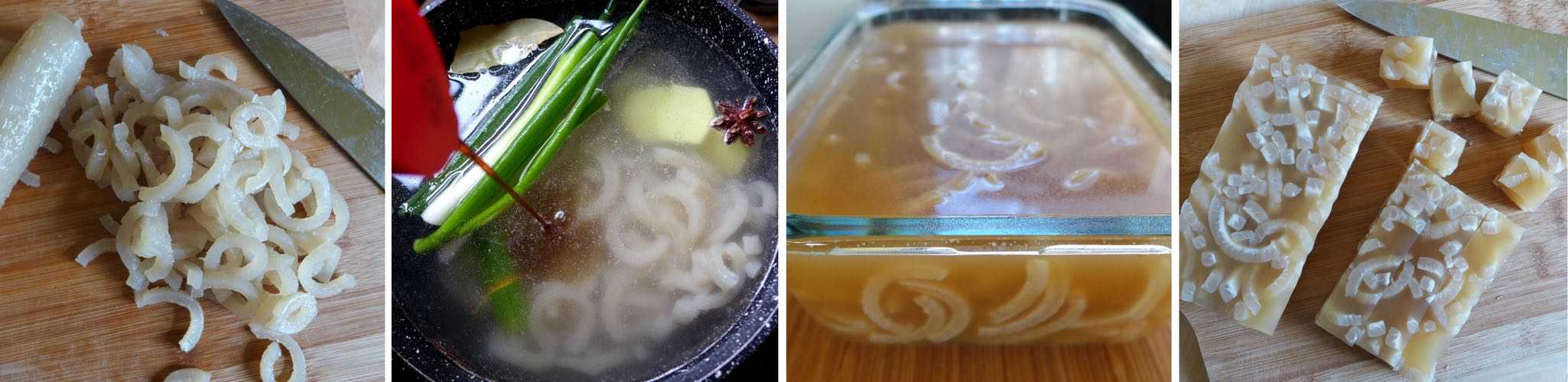 Slippery, springy and spicy, Chinese pork rind jelly is truly a delight to enjoy. There is no commercial gelatin involved and it’s very simple to prepare.