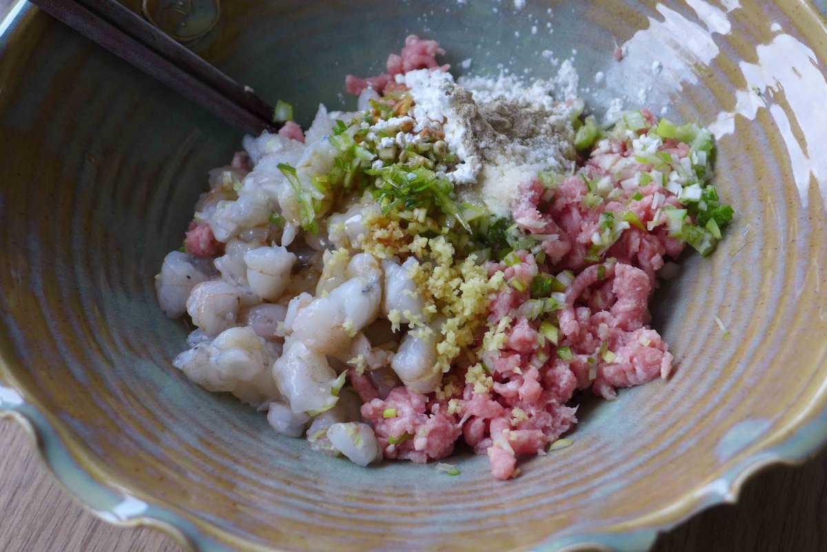 ground pork and shrimp with seasonings.