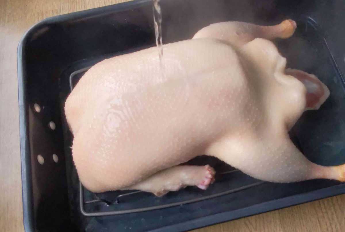 pouring hot water over the duck