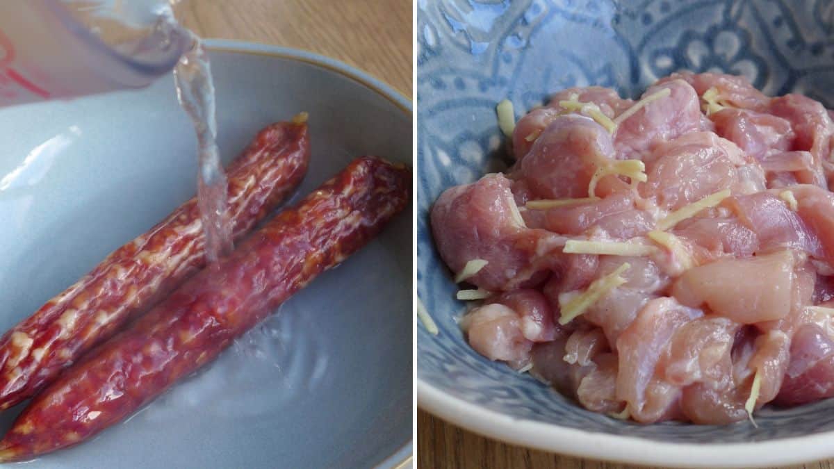 rinsing chinese sausages and marinating chicken pieces.
