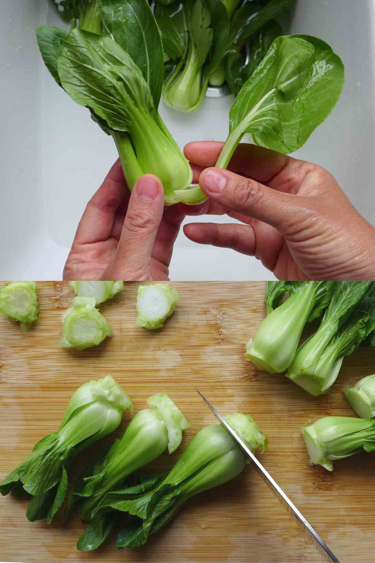 separating Bok Choy leaves and trimming off its ends