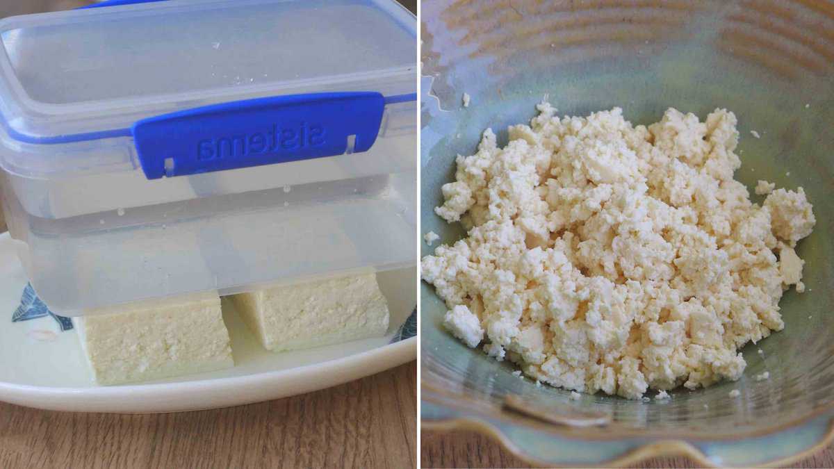 pressing and crumbling tofu.