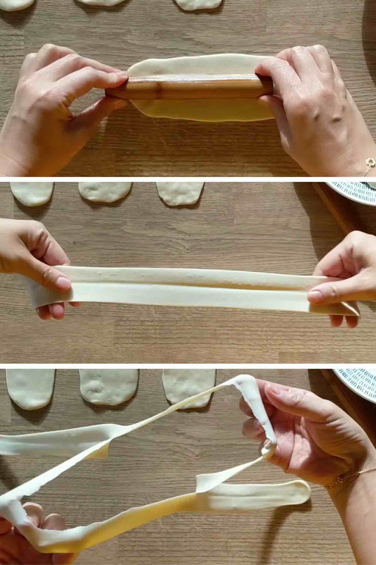 pulling a piece of dough into noodles.