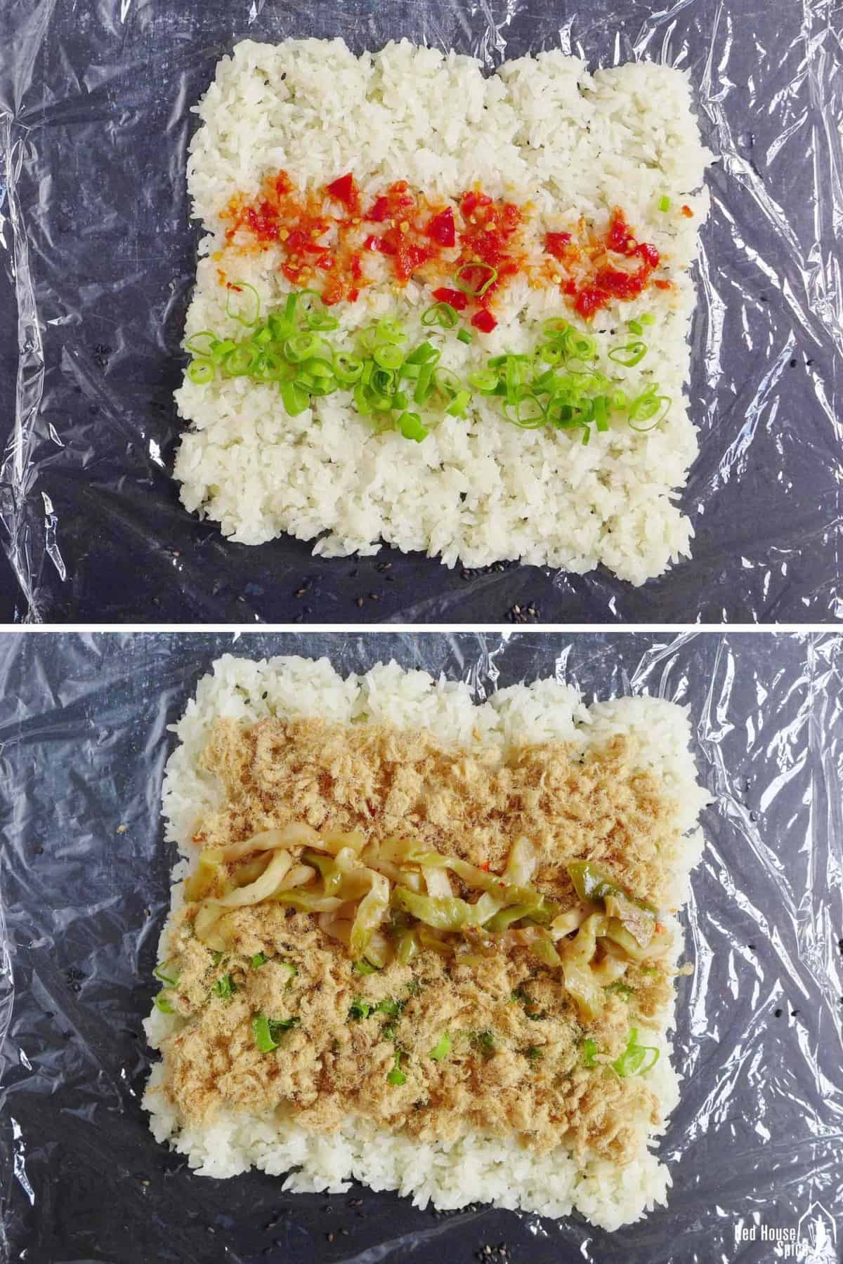 A collage of two images. One shows chili sauce and scallion over rice. The other shows pork floss and preserved vegetable over rice.