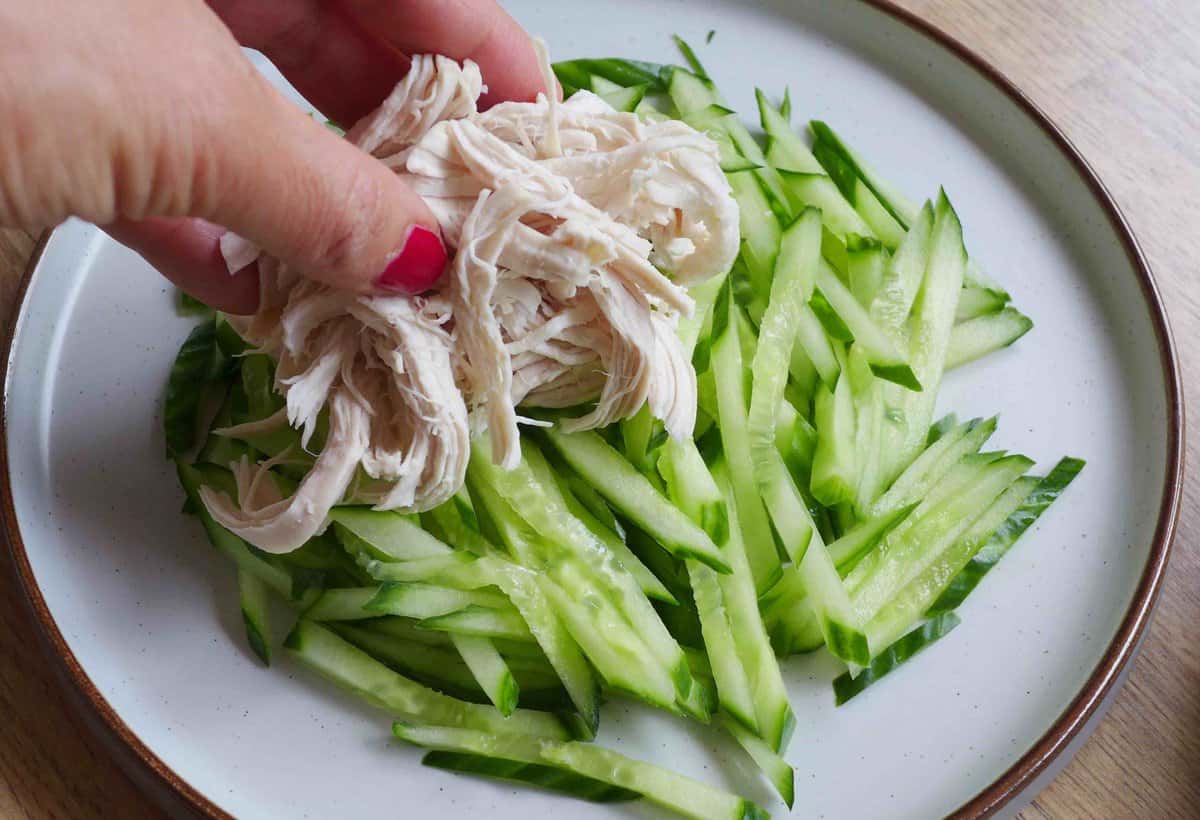 Putting shredded chicken over julienned cucumber.