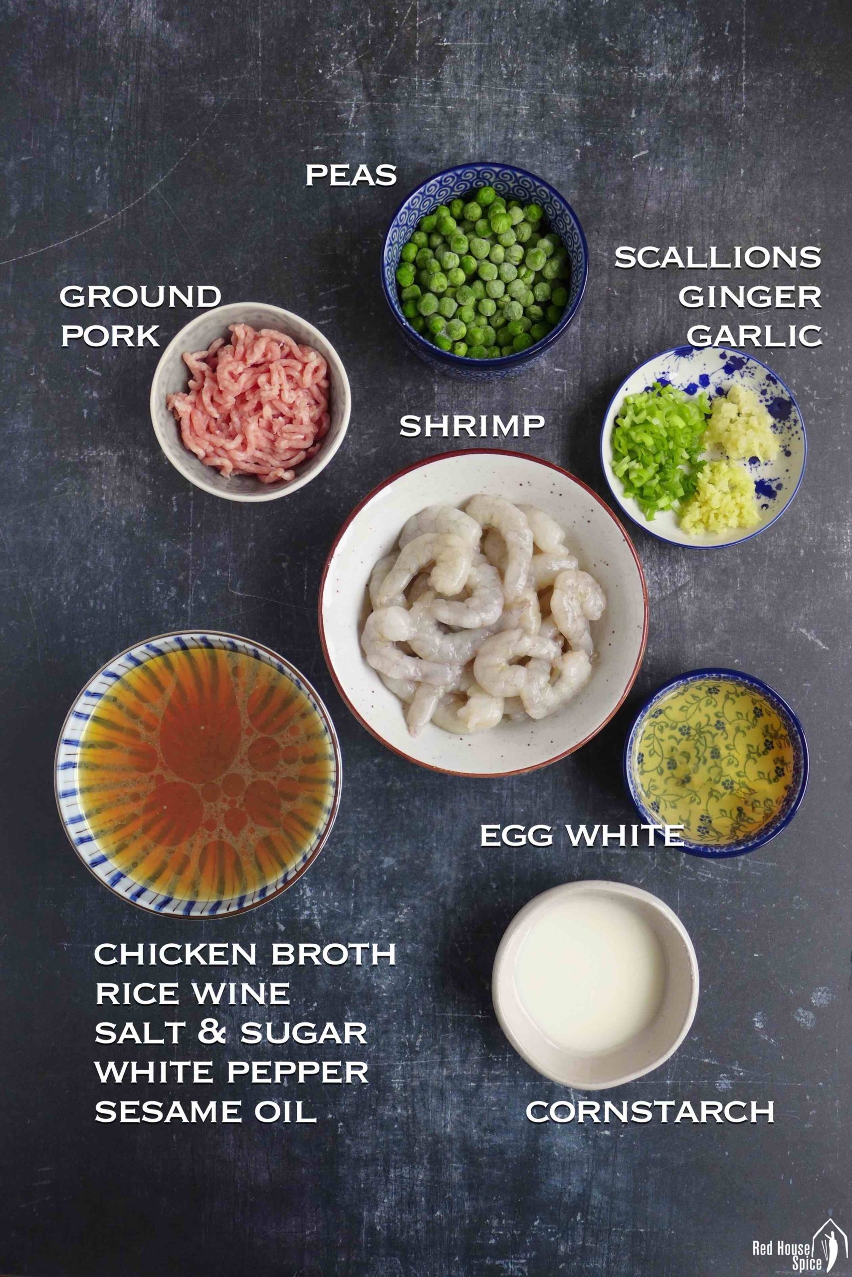 raw ingredients for making shrimp with lobster sauce.