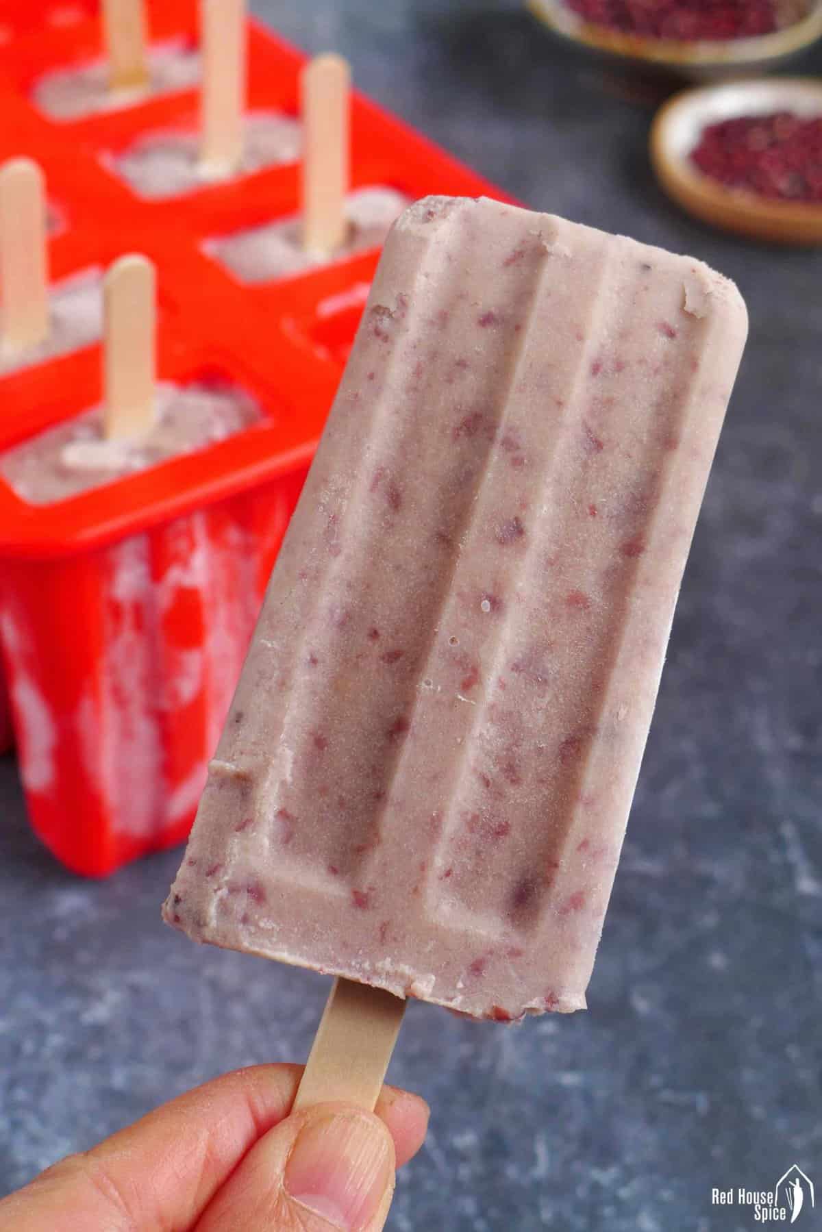 one red bean popsicle held by a hand.