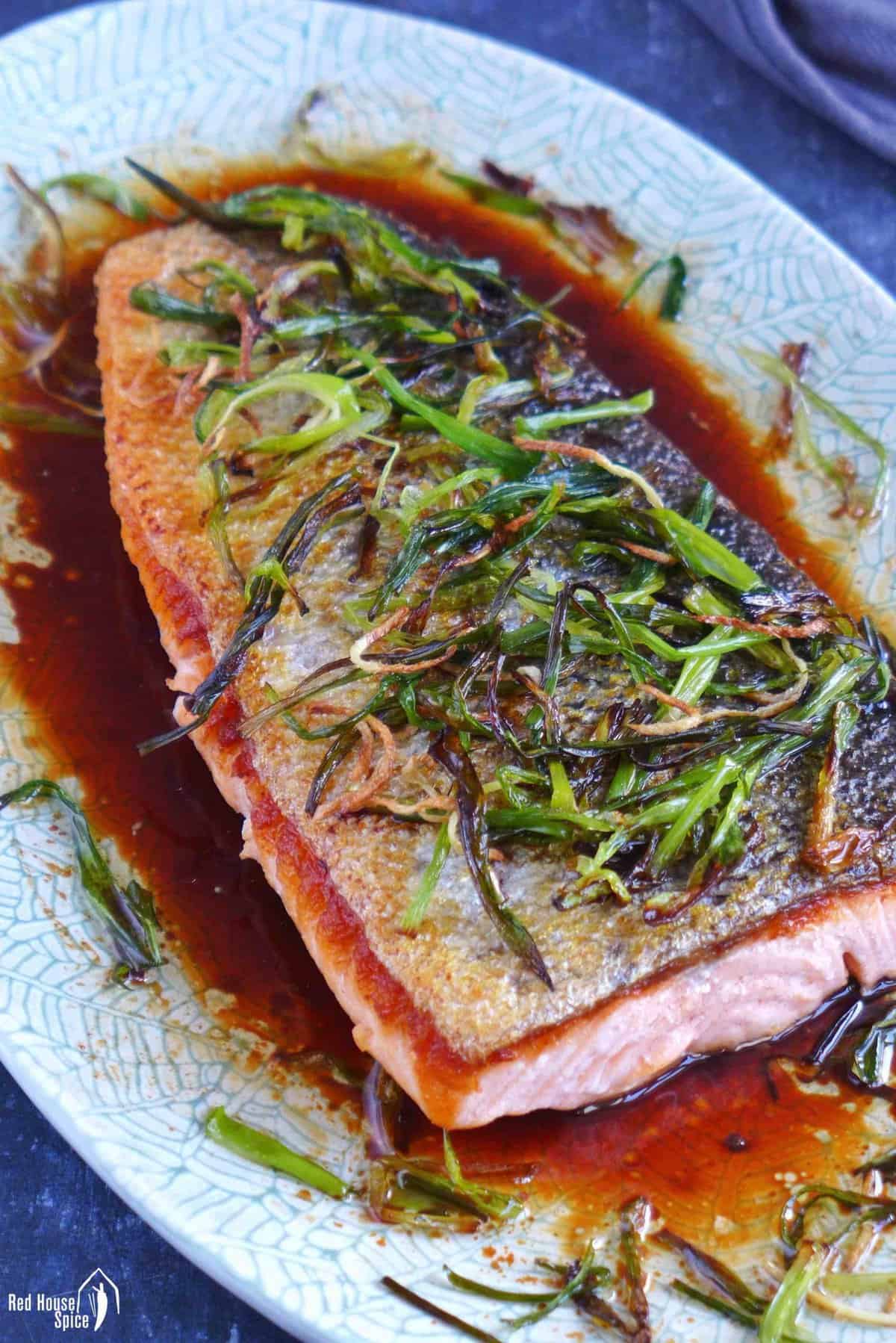 Scallion ginger salmon with a soy dressing.