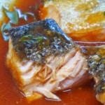 a torn open salmon filet with sauce underneath.