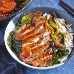 scallion chicken chops over steamed rice.