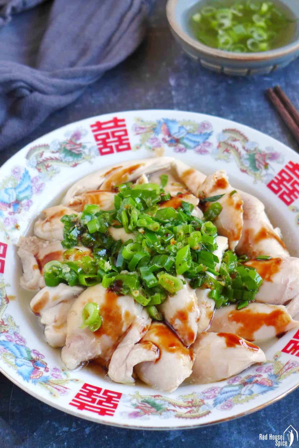 scallion oil chicken with soy sauce.