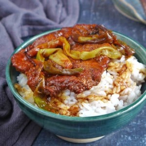 a piece of scallion pork chop over rice.