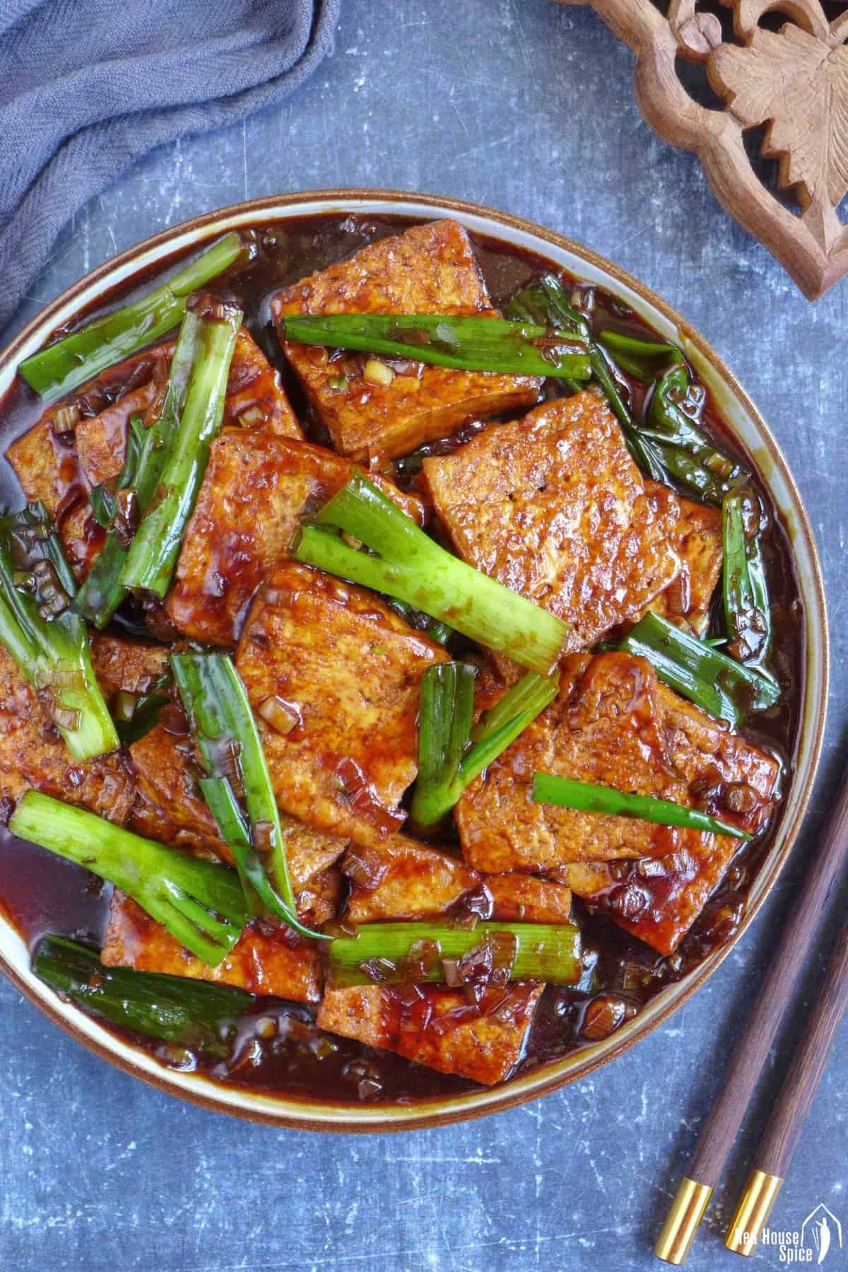 A plate of scallion tofu.