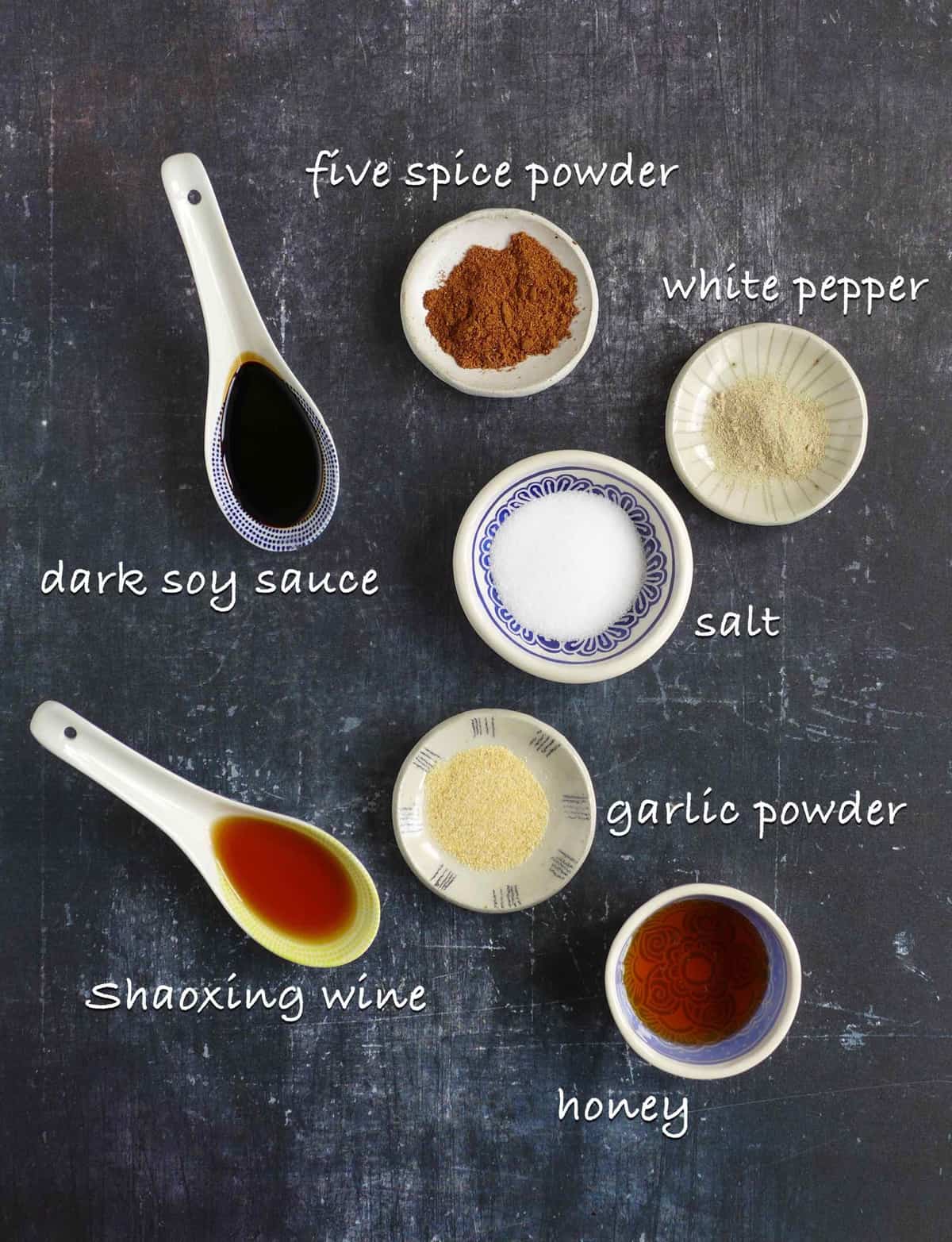spices and sauces for seasoning five spice chicken