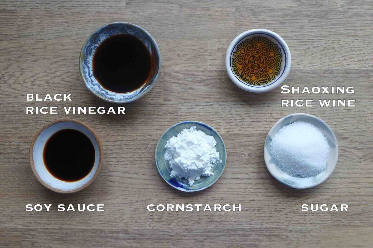 vinegar, rice wine, soy sauce, sugar, and cornstarch.
