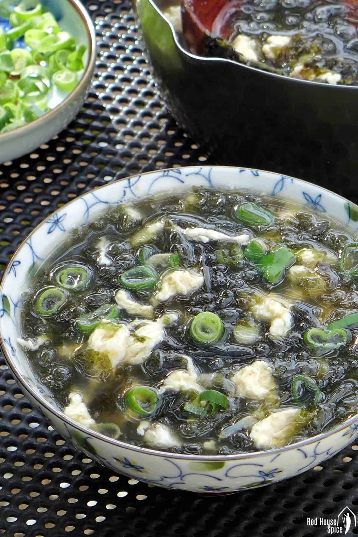 seaweed egg drop soup in a bowl.