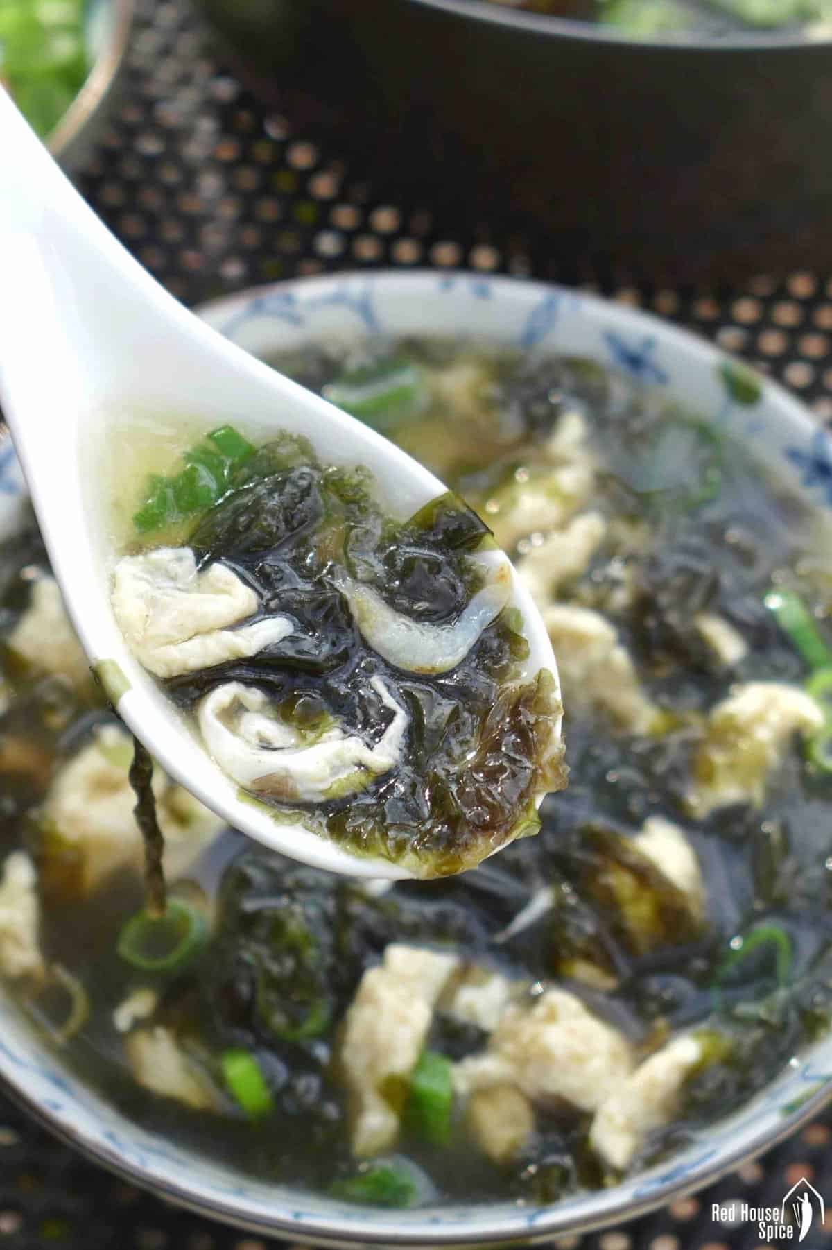seaweed and egg soup in a spoon.