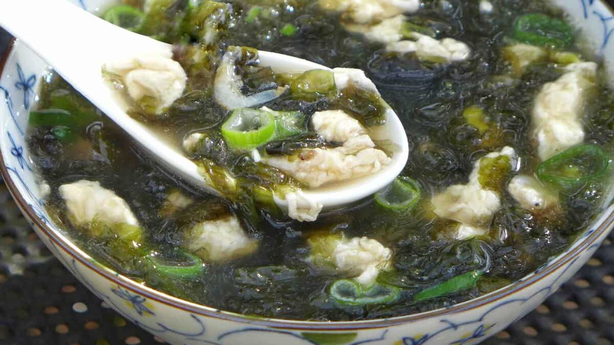 seaweed egg drop soup in a bowl.