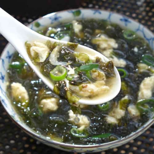 egg drop soup with seaweed.