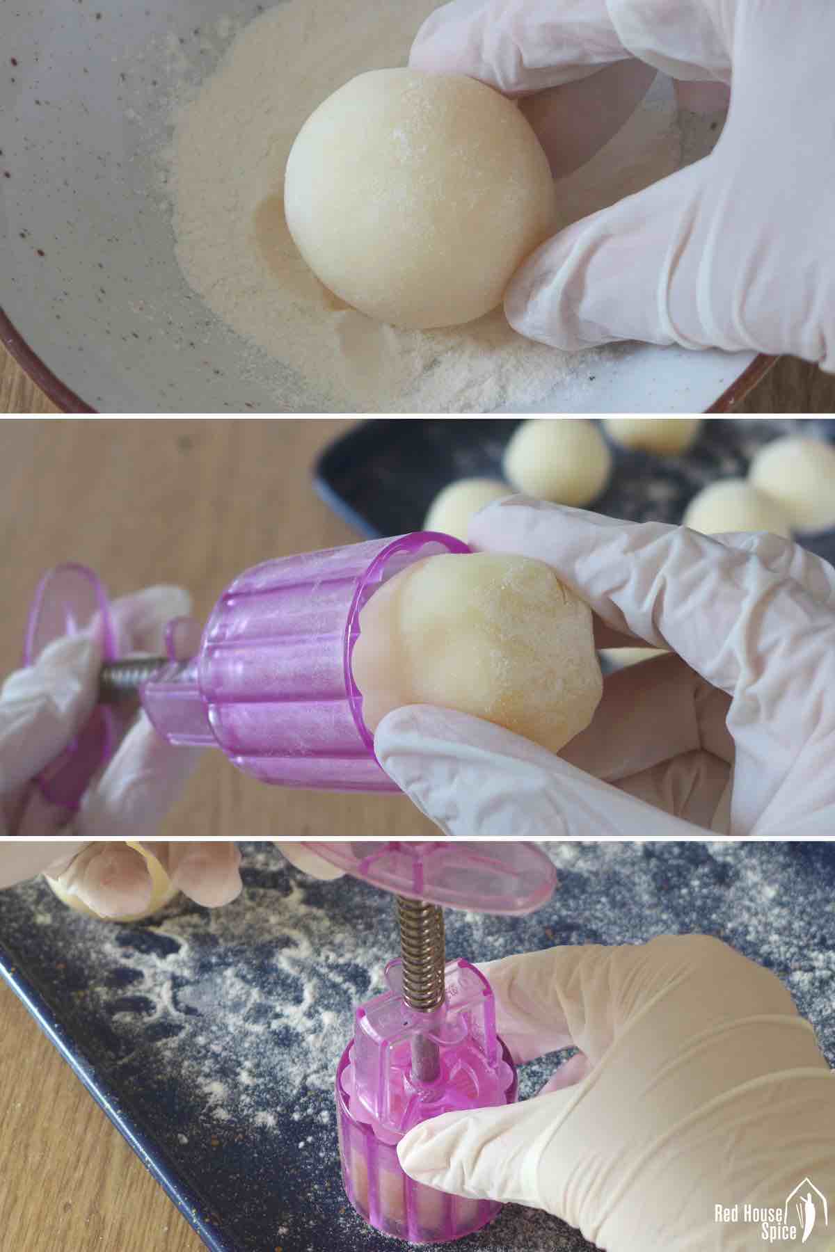 Shape a mooncake in a mold.