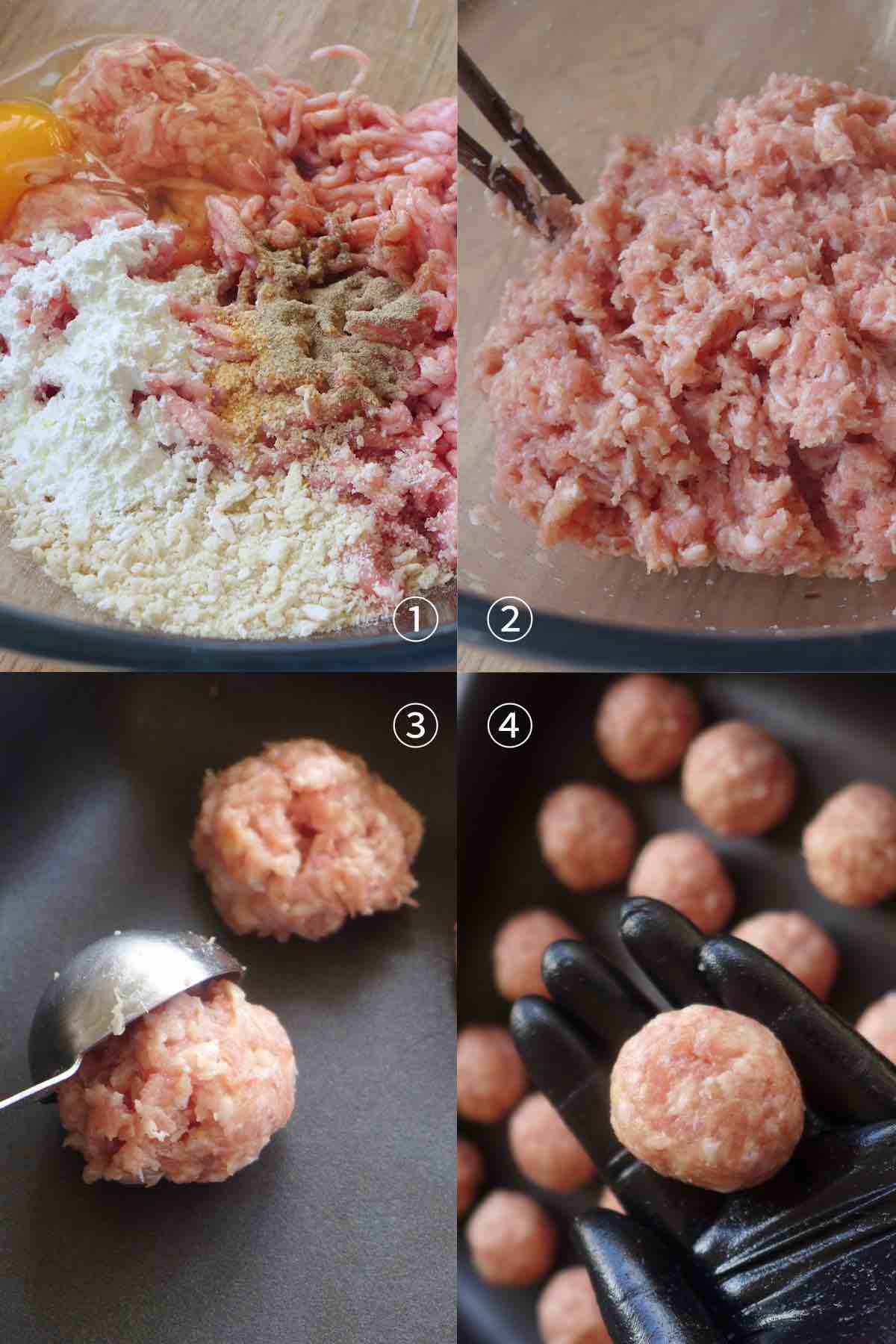 mixing ground meat with seasonings and shape meatballs.