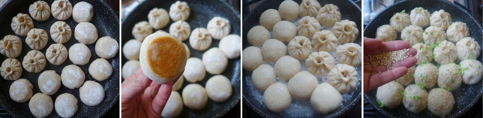 4 step photos showing how to cook Sheng Jian Bao (pan-fried pork buns)