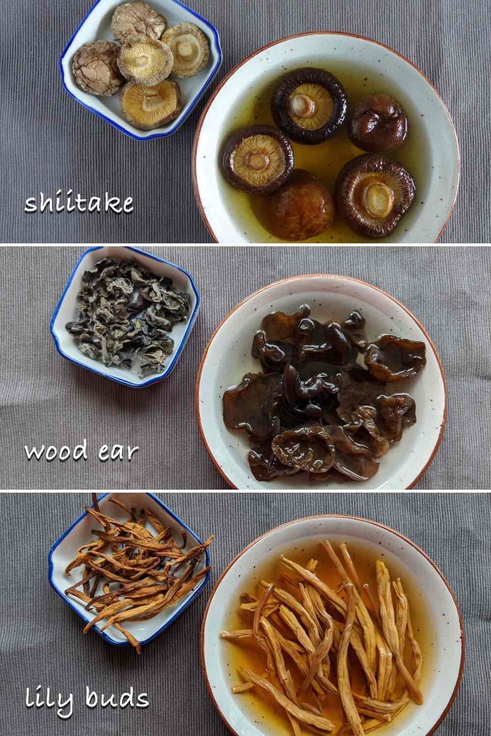 Dried and rehydrated shiitake, wood ear and lily buds