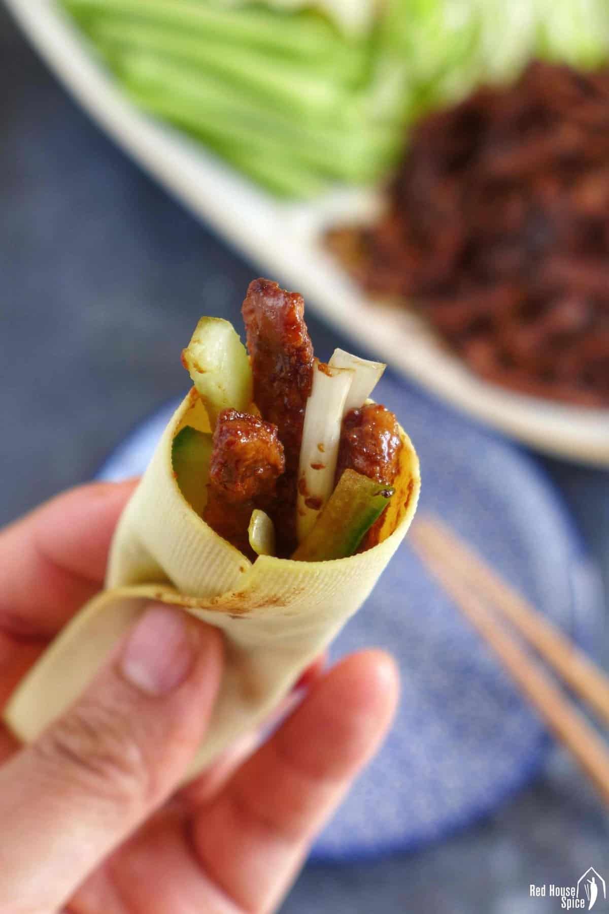 peking shredded pork wrapped with tofu sheet