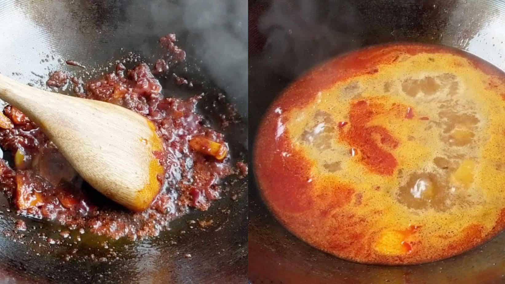 Cooking spicy broth for Sichuan boiled beef