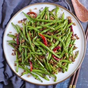 A plate of dry fried green beans