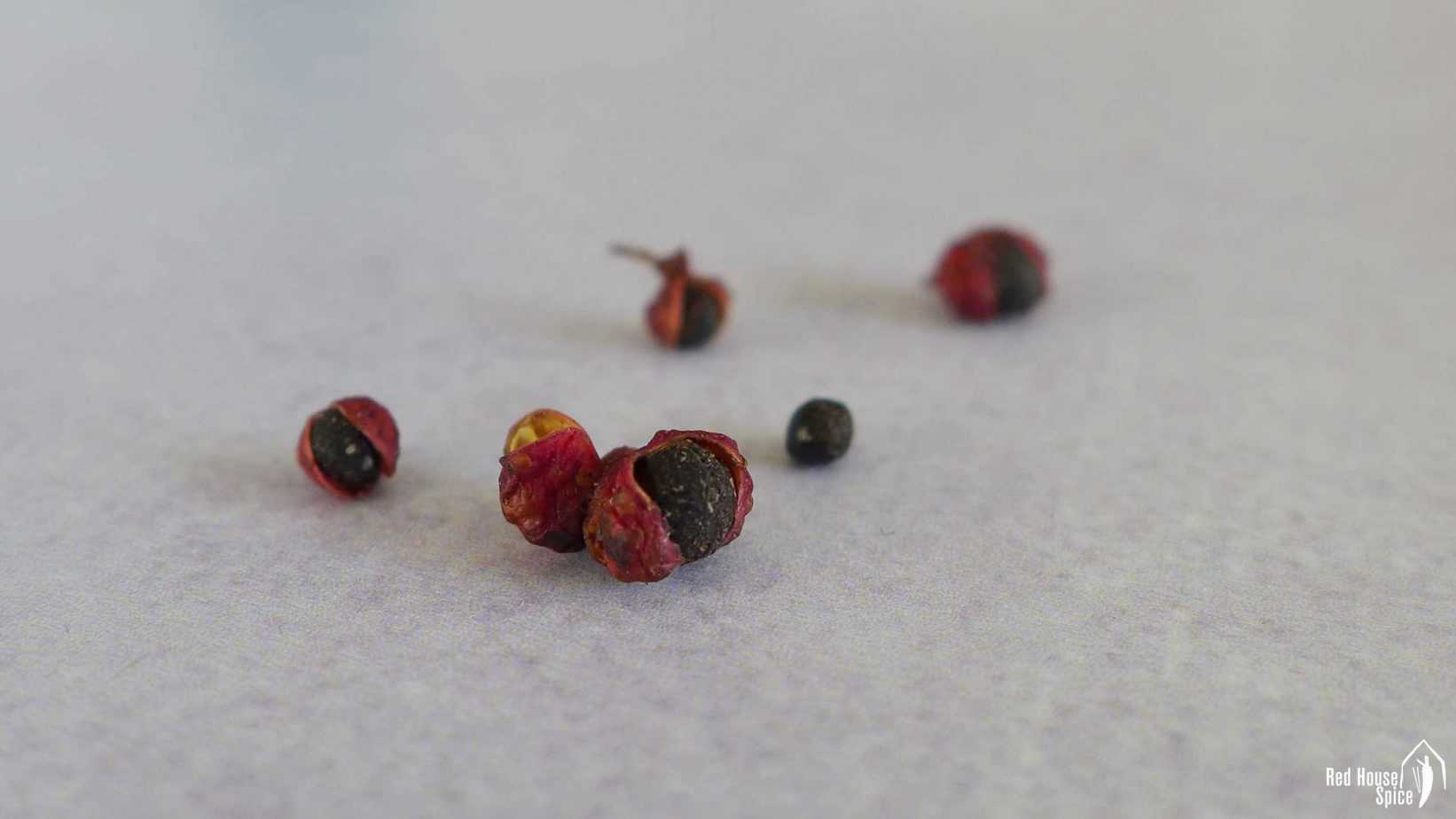A few Sichuan peppercorns with black seeds inside.