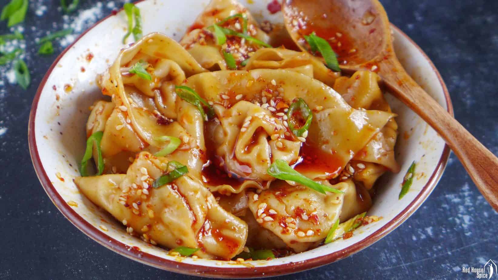 Sichuan style wontons seasoned with chili oil