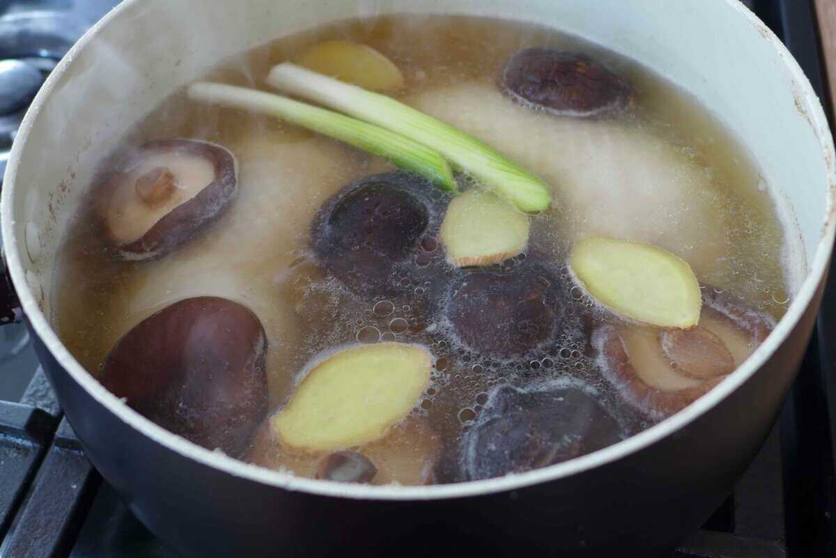 simmering chicken with mushrooms.