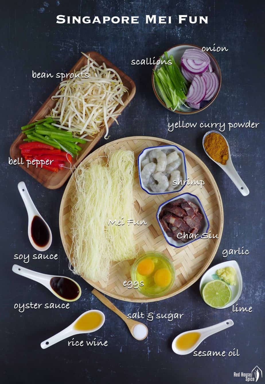 A group of ingredients for making Singapore Noodles