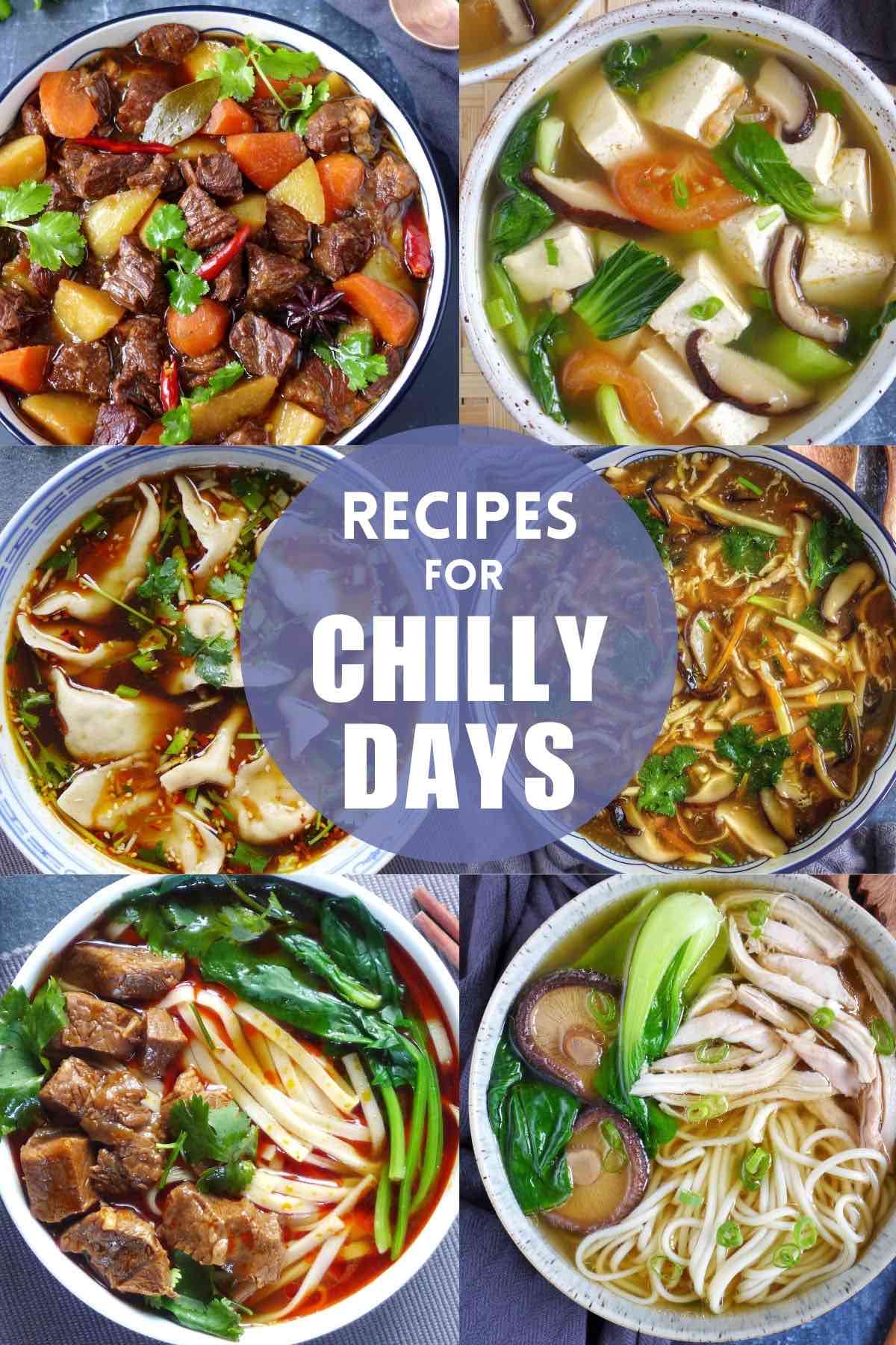 a collage of dishes: beef stew, chicken noodle soup, hot and sour soup, dumpling soup, beef noodles soup, and tofu soup.