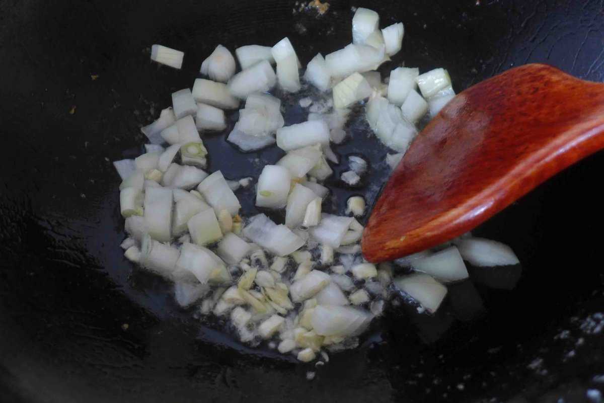 sizzling onion and garlic in oil.