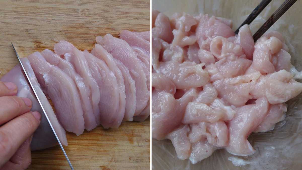 slicing and marinating chicken breast.