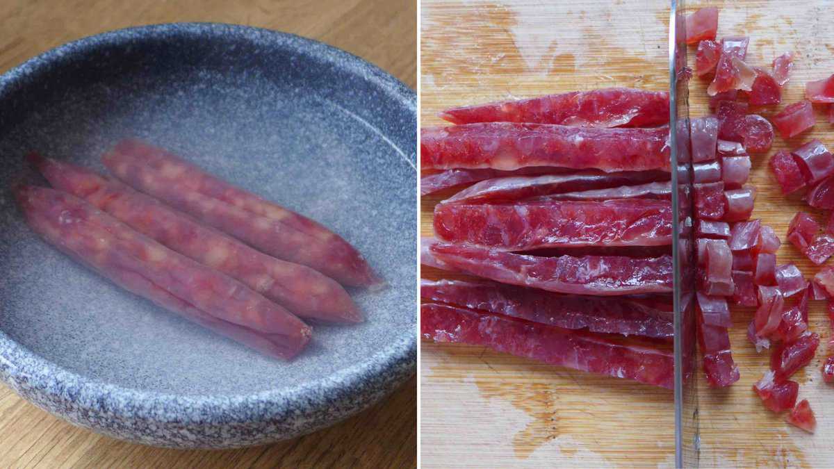 soaking and cutting chinese sausages.