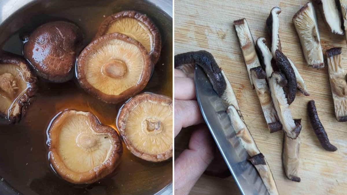 soaking and chopping dried shiitake mushrooms.