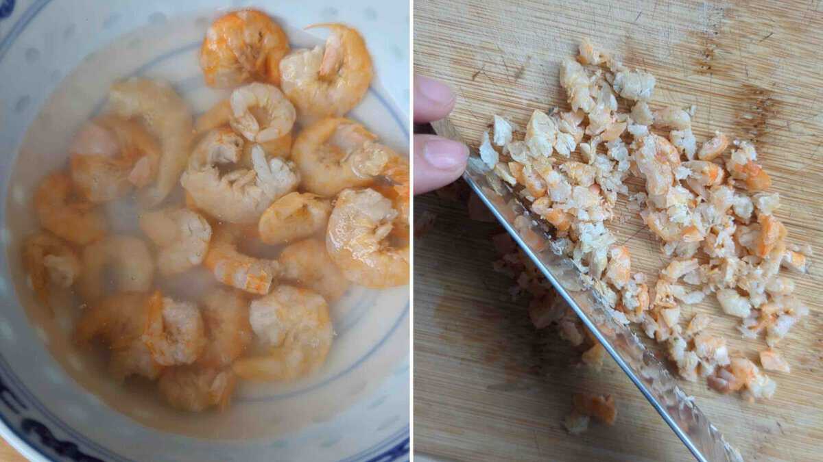 soaking and chopping dried shrimp.